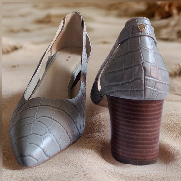 COLE HAAN GRAY CHIC CROC EMBOSSED DESIGNER HEELS - Picture 4 of 7